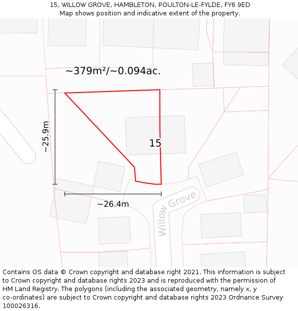 15, WILLOW GROVE, HAMBLETON, POULTON-LE-FYLDE, FY6 9ED: Plot and title map