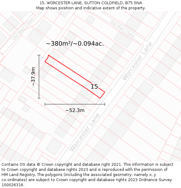 15, WORCESTER LANE, SUTTON COLDFIELD, B75 5NA: Plot and title map