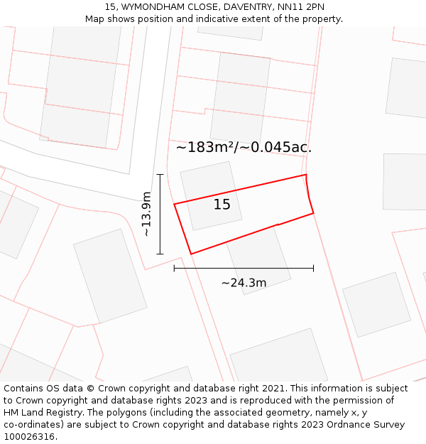 15, WYMONDHAM CLOSE, DAVENTRY, NN11 2PN: Plot and title map