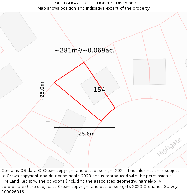 154, HIGHGATE, CLEETHORPES, DN35 8PB: Plot and title map