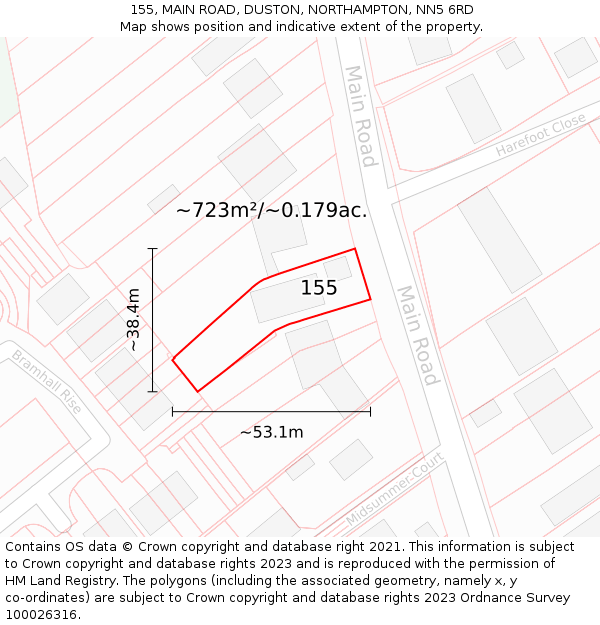 155, MAIN ROAD, DUSTON, NORTHAMPTON, NN5 6RD: Plot and title map
