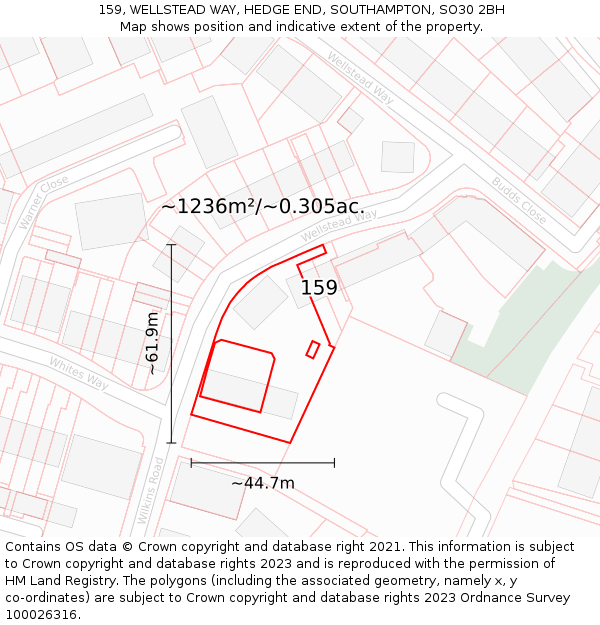 159, WELLSTEAD WAY, HEDGE END, SOUTHAMPTON, SO30 2BH: Plot and title map