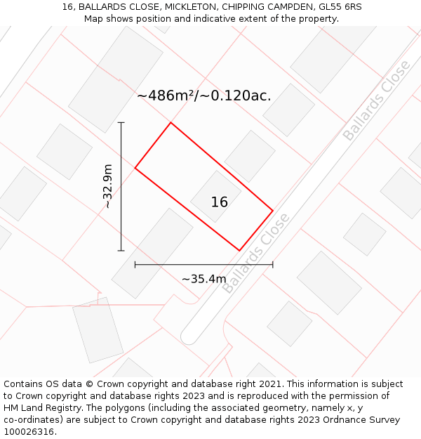 16, BALLARDS CLOSE, MICKLETON, CHIPPING CAMPDEN, GL55 6RS: Plot and title map