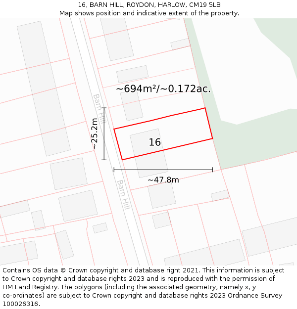 16, BARN HILL, ROYDON, HARLOW, CM19 5LB: Plot and title map