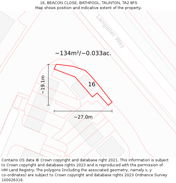 16, BEACON CLOSE, BATHPOOL, TAUNTON, TA2 8FS: Plot and title map