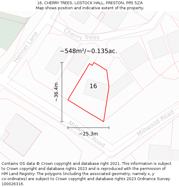 16, CHERRY TREES, LOSTOCK HALL, PRESTON, PR5 5ZA: Plot and title map