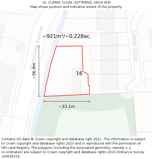 16, CLARKE CLOSE, KETTERING, NN16 9HP: Plot and title map