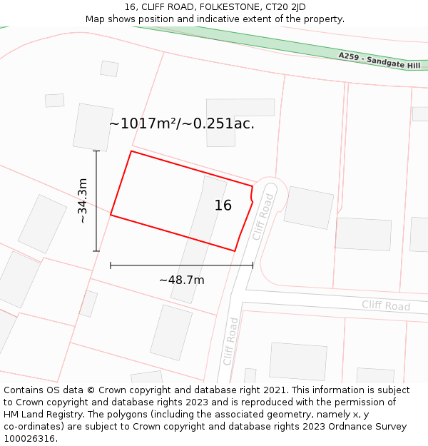 16, CLIFF ROAD, FOLKESTONE, CT20 2JD: Plot and title map