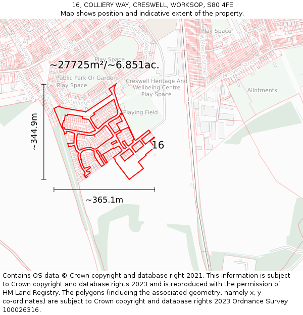 16, COLLIERY WAY, CRESWELL, WORKSOP, S80 4FE: Plot and title map