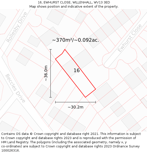 16, EWHURST CLOSE, WILLENHALL, WV13 3ED: Plot and title map