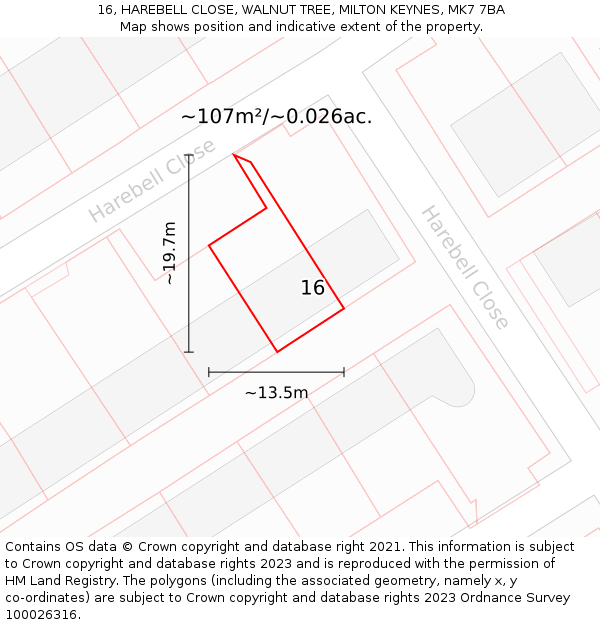 16, HAREBELL CLOSE, WALNUT TREE, MILTON KEYNES, MK7 7BA: Plot and title map