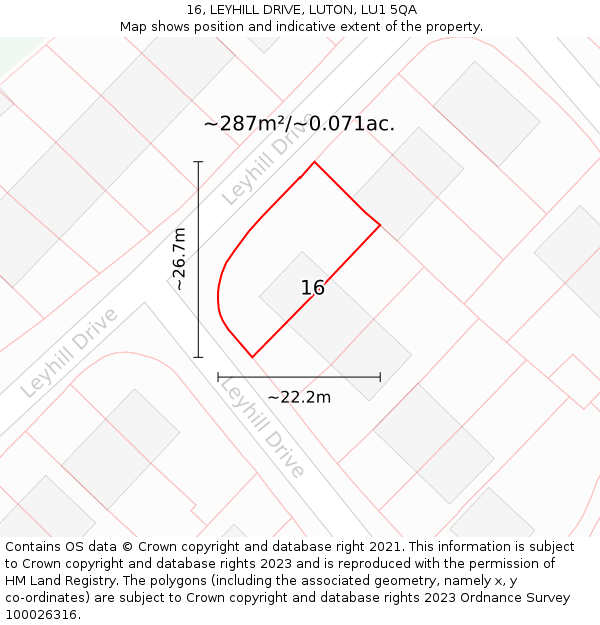 16, LEYHILL DRIVE, LUTON, LU1 5QA: Plot and title map