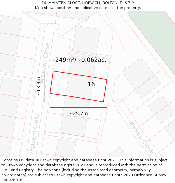 16, MALVERN CLOSE, HORWICH, BOLTON, BL6 7LY: Plot and title map