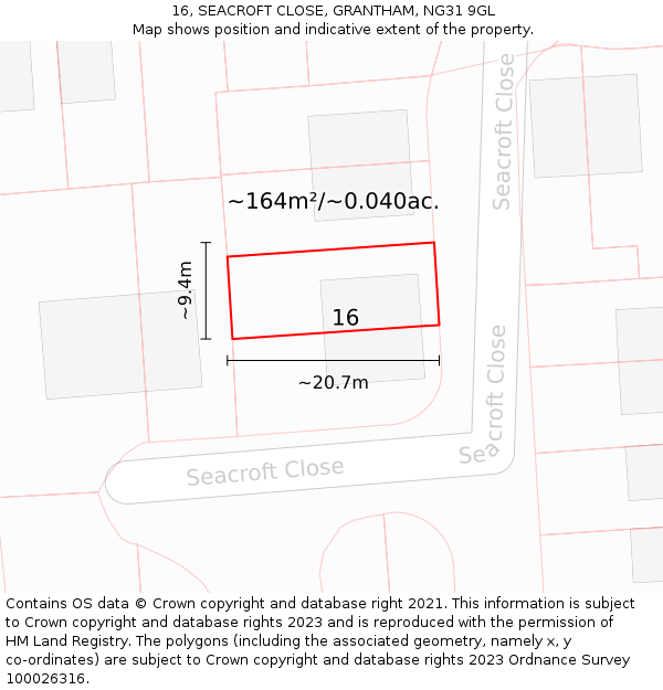 16, SEACROFT CLOSE, GRANTHAM, NG31 9GL: Plot and title map