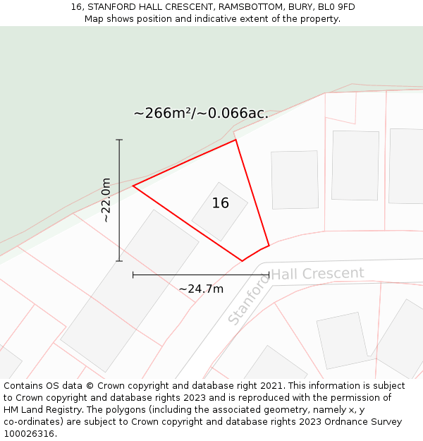 16, STANFORD HALL CRESCENT, RAMSBOTTOM, BURY, BL0 9FD: Plot and title map