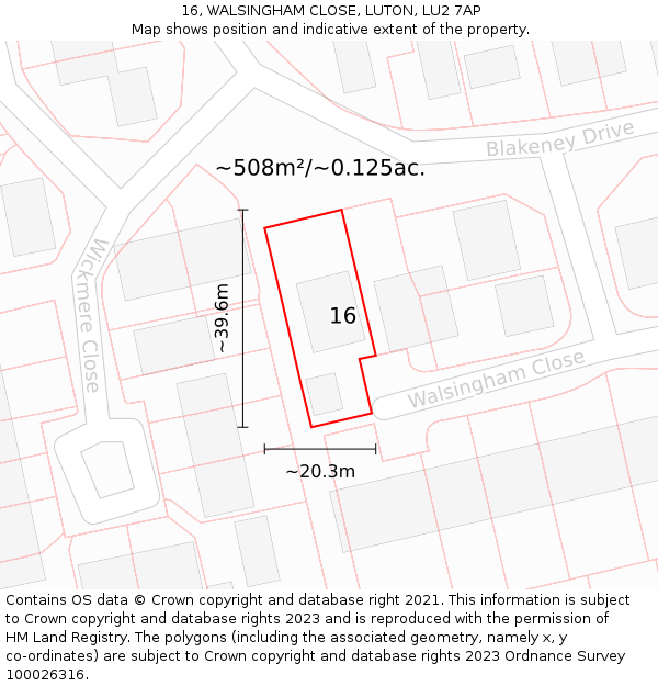 16, WALSINGHAM CLOSE, LUTON, LU2 7AP: Plot and title map