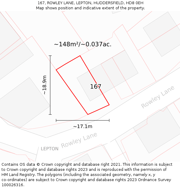 167, ROWLEY LANE, LEPTON, HUDDERSFIELD, HD8 0EH: Plot and title map