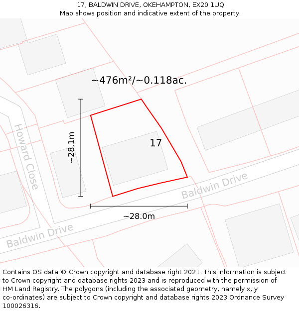 17, BALDWIN DRIVE, OKEHAMPTON, EX20 1UQ: Plot and title map