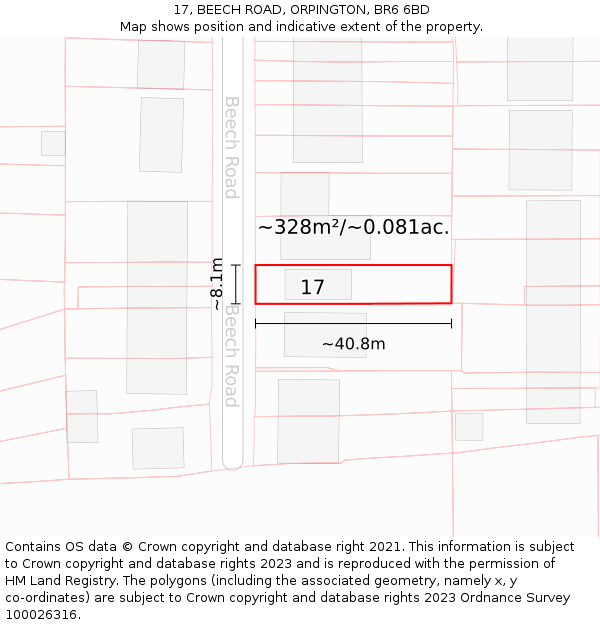 17, BEECH ROAD, ORPINGTON, BR6 6BD: Plot and title map