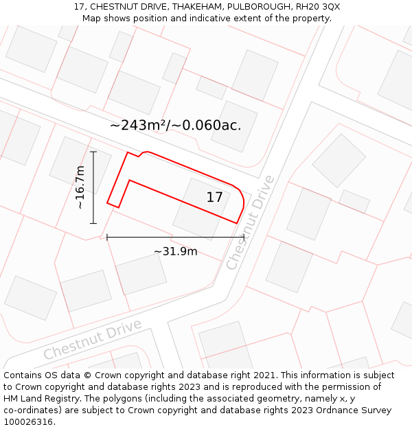 17, CHESTNUT DRIVE, THAKEHAM, PULBOROUGH, RH20 3QX: Plot and title map