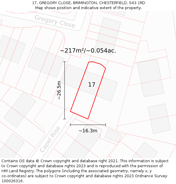 17, GREGORY CLOSE, BRIMINGTON, CHESTERFIELD, S43 1RD: Plot and title map