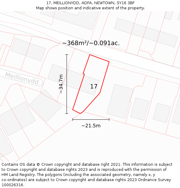 17, MEILLIONYDD, ADFA, NEWTOWN, SY16 3BF: Plot and title map