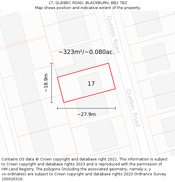 17, QUEBEC ROAD, BLACKBURN, BB2 7BZ: Plot and title map