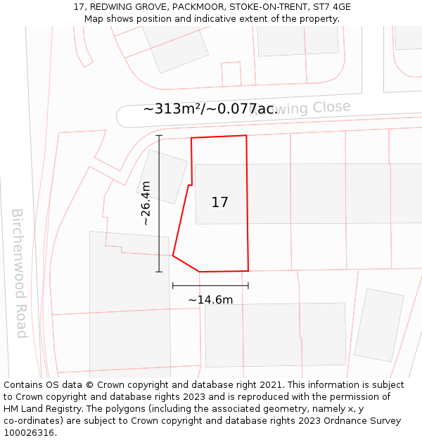 17, REDWING GROVE, PACKMOOR, STOKE-ON-TRENT, ST7 4GE: Plot and title map