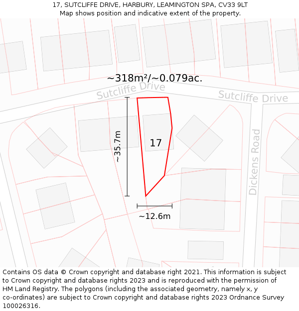 17, SUTCLIFFE DRIVE, HARBURY, LEAMINGTON SPA, CV33 9LT: Plot and title map