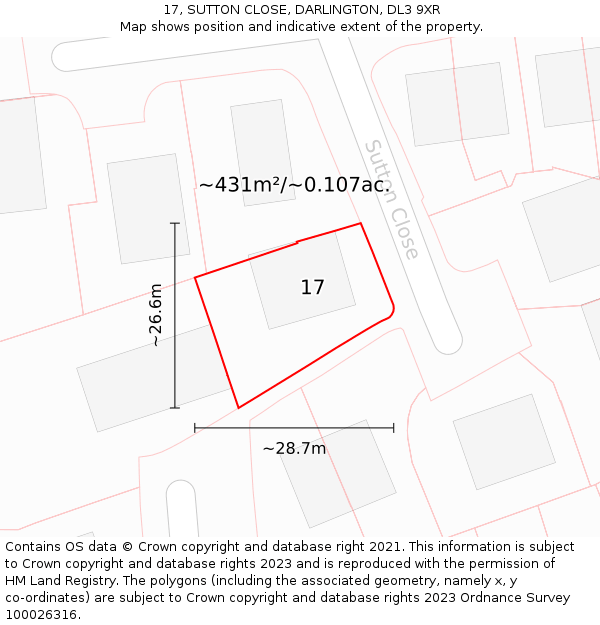 17, SUTTON CLOSE, DARLINGTON, DL3 9XR: Plot and title map