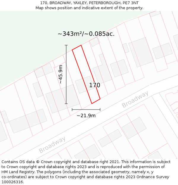 170, BROADWAY, YAXLEY, PETERBOROUGH, PE7 3NT: Plot and title map