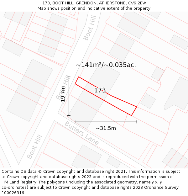 173, BOOT HILL, GRENDON, ATHERSTONE, CV9 2EW: Plot and title map