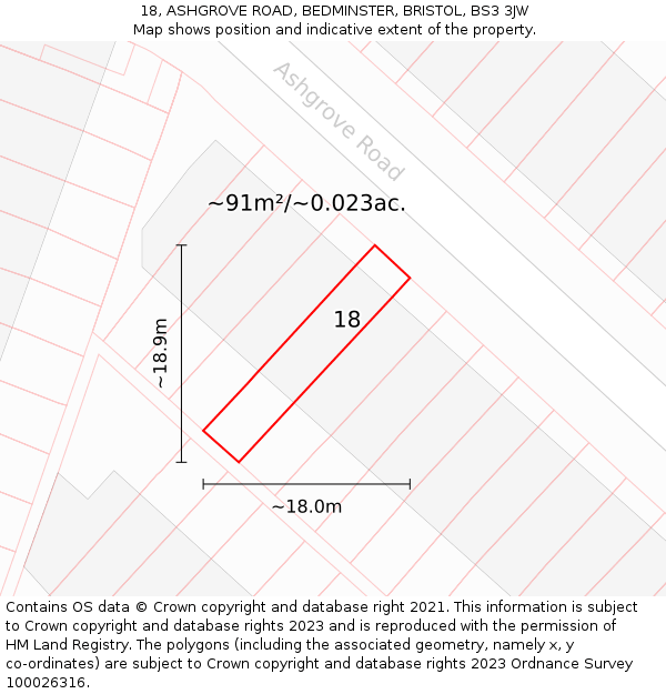 18, ASHGROVE ROAD, BEDMINSTER, BRISTOL, BS3 3JW: Plot and title map