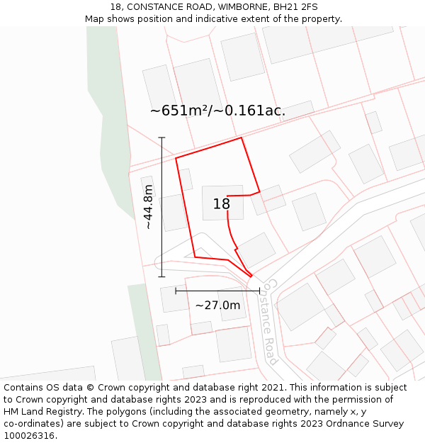 18, CONSTANCE ROAD, WIMBORNE, BH21 2FS: Plot and title map