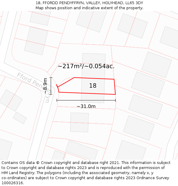 18, FFORDD PENDYFFRYN, VALLEY, HOLYHEAD, LL65 3DY: Plot and title map