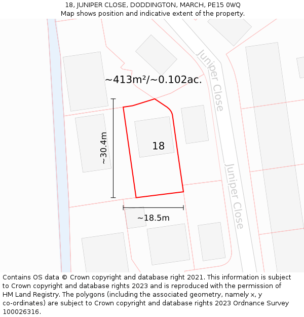 18, JUNIPER CLOSE, DODDINGTON, MARCH, PE15 0WQ: Plot and title map