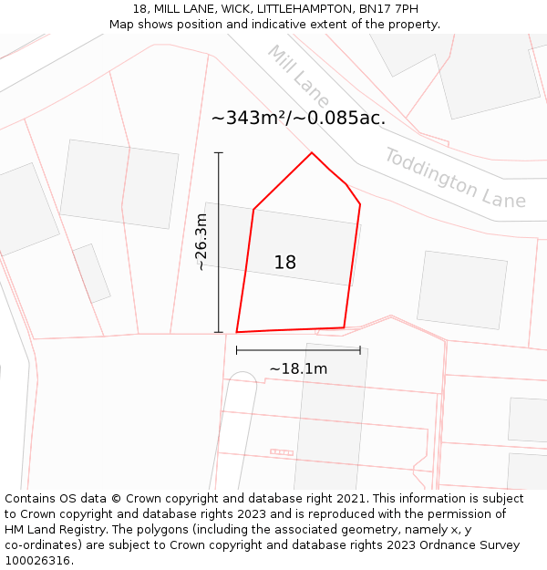 18, MILL LANE, WICK, LITTLEHAMPTON, BN17 7PH: Plot and title map