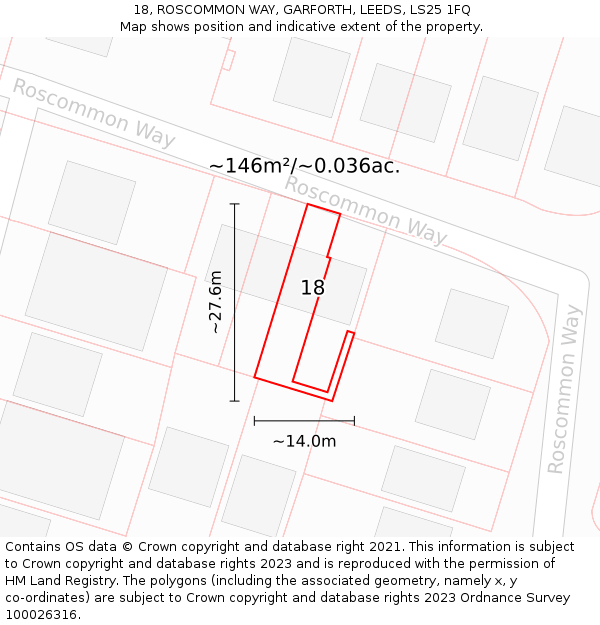 18, ROSCOMMON WAY, GARFORTH, LEEDS, LS25 1FQ: Plot and title map