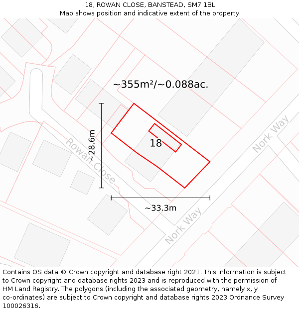 18, ROWAN CLOSE, BANSTEAD, SM7 1BL: Plot and title map