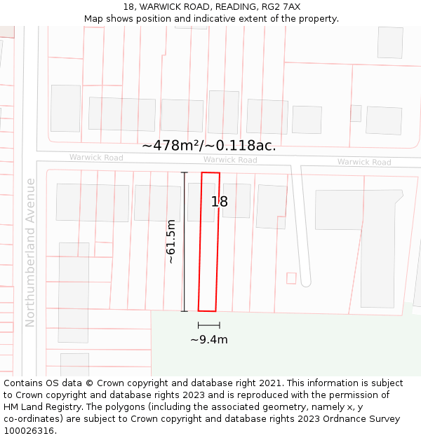 18, WARWICK ROAD, READING, RG2 7AX: Plot and title map