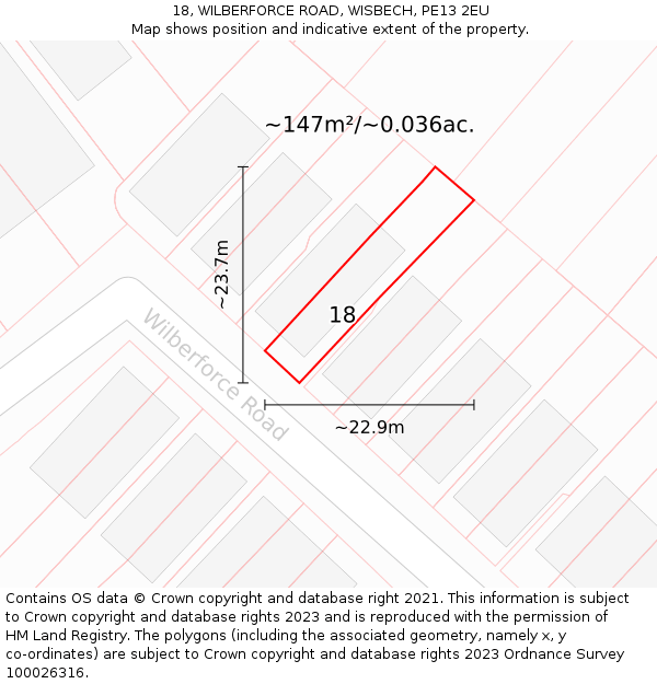 18, WILBERFORCE ROAD, WISBECH, PE13 2EU: Plot and title map