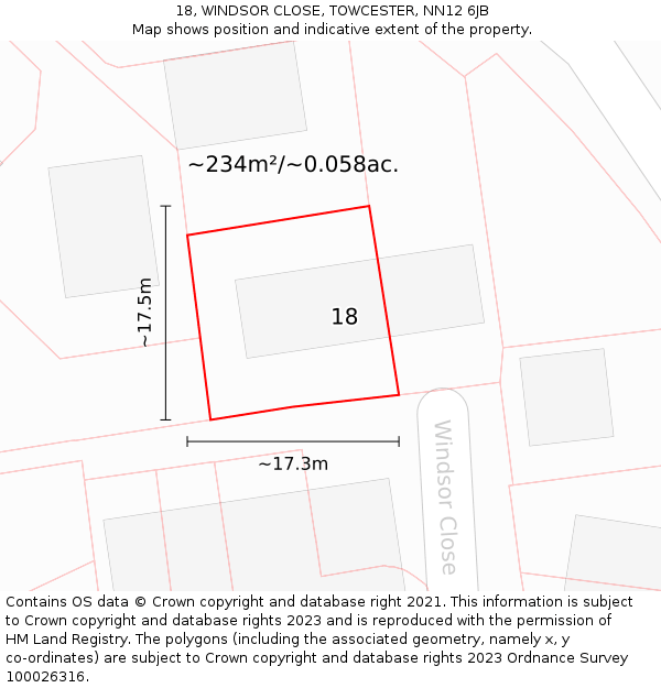 18, WINDSOR CLOSE, TOWCESTER, NN12 6JB: Plot and title map