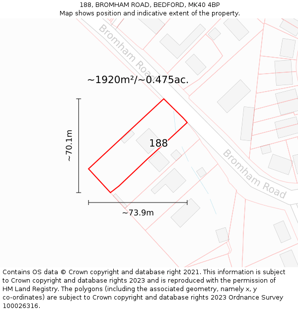 188, BROMHAM ROAD, BEDFORD, MK40 4BP: Plot and title map