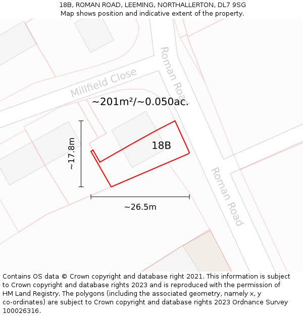 18B, ROMAN ROAD, LEEMING, NORTHALLERTON, DL7 9SG: Plot and title map