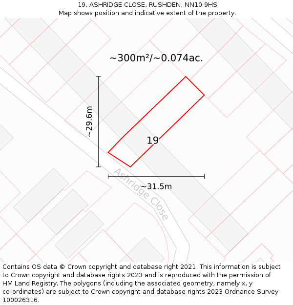 19, ASHRIDGE CLOSE, RUSHDEN, NN10 9HS: Plot and title map