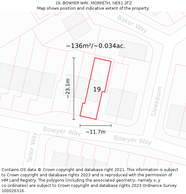 19, BOWYER WAY, MORPETH, NE61 2FZ: Plot and title map