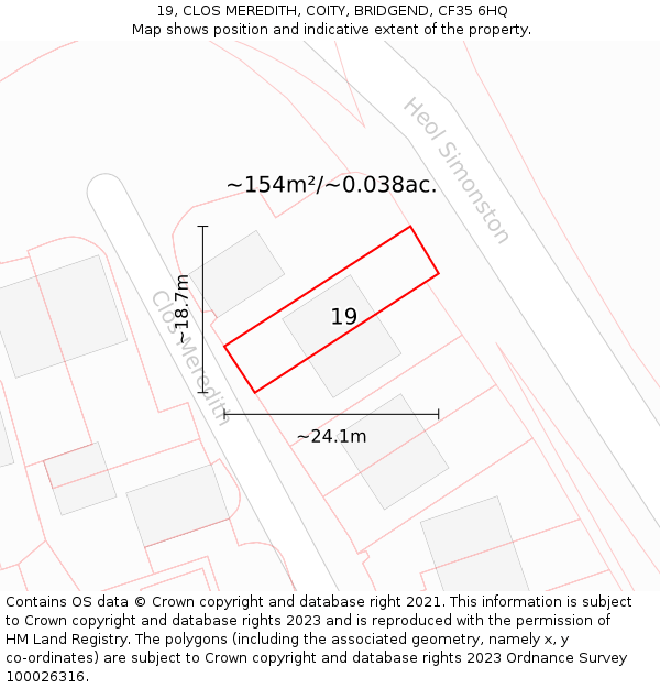 19, CLOS MEREDITH, COITY, BRIDGEND, CF35 6HQ: Plot and title map