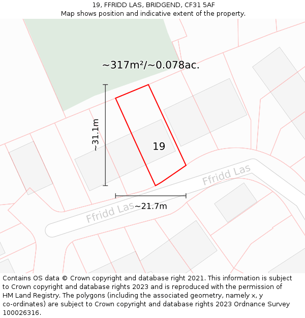 19, FFRIDD LAS, BRIDGEND, CF31 5AF: Plot and title map