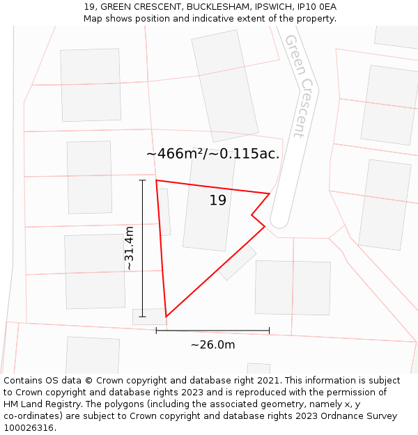 19, GREEN CRESCENT, BUCKLESHAM, IPSWICH, IP10 0EA: Plot and title map
