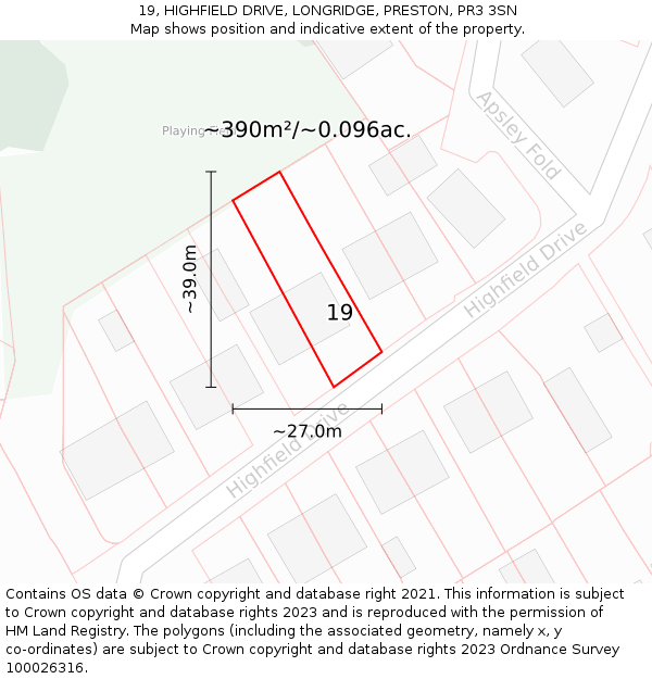 19, HIGHFIELD DRIVE, LONGRIDGE, PRESTON, PR3 3SN: Plot and title map